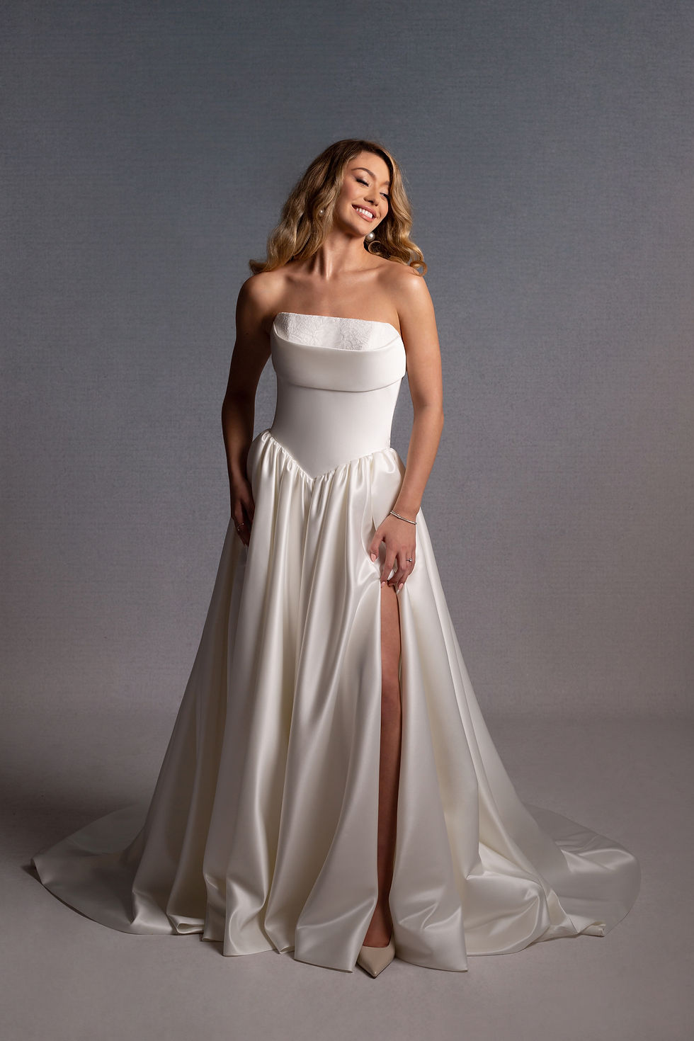 Thumbnail: WRS123- Strapless drape front corset style dress with sparkle detail on neckline