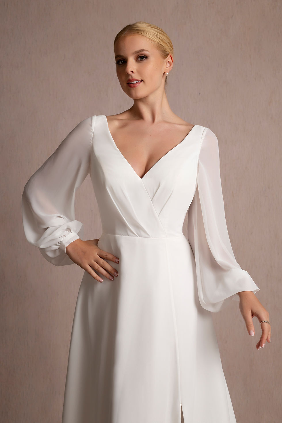 Thumbnail: WS316 - Chiffon A-line Wedding Dress with Long Sheer Sleeves