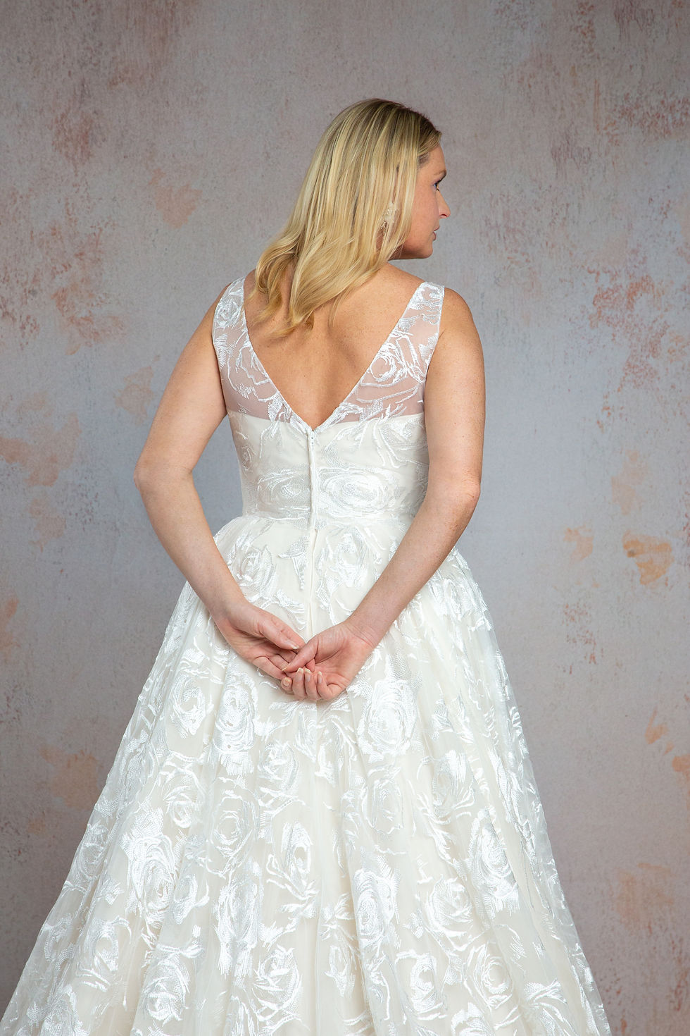 Thumbnail: WP802-Soft Embroidery Lace Wedding Dress with V Neckline Sheer Shoulder Straps