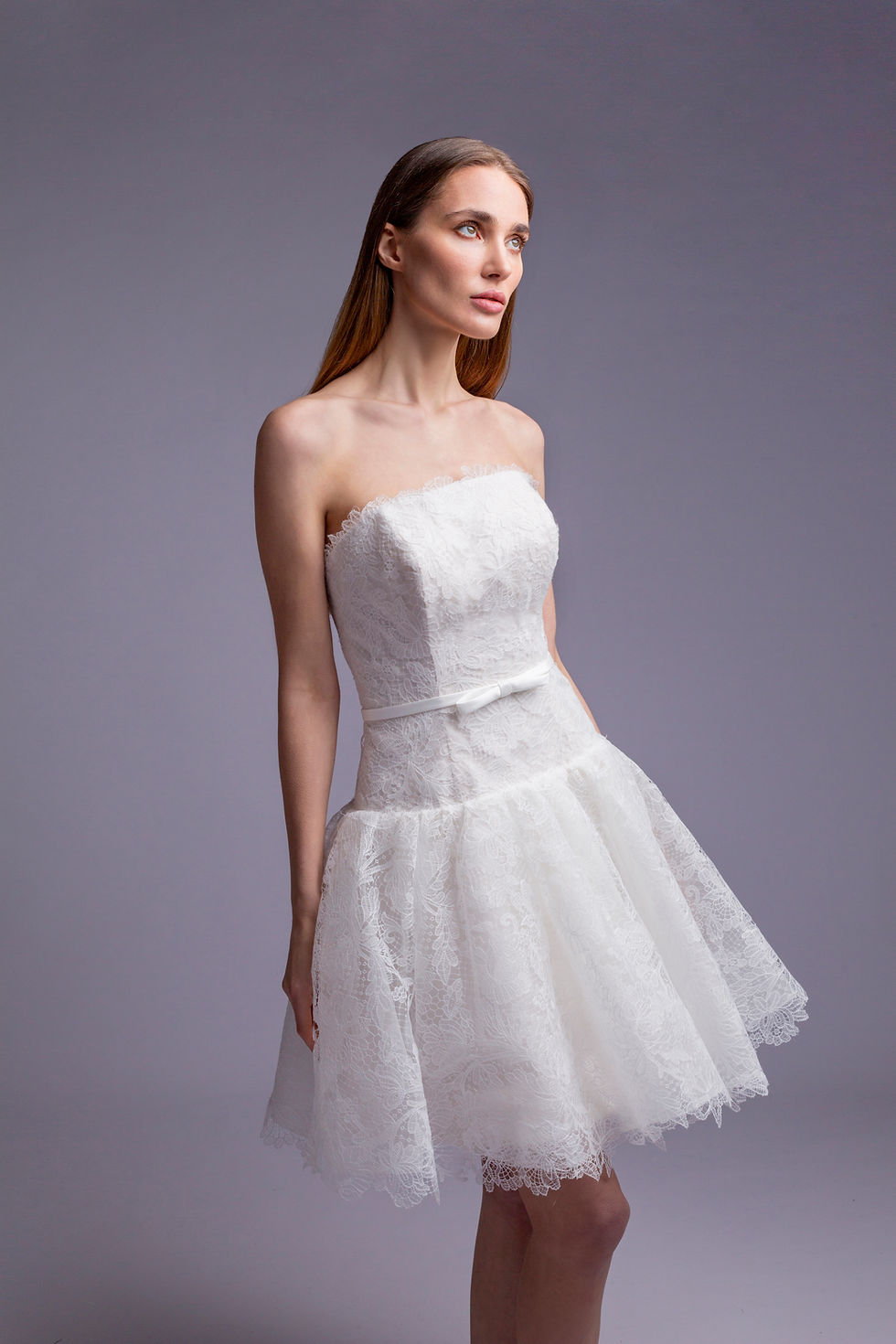 Thumbnail: WSS048-Floral Lace Mini Wedding Dress with Low Waist and A-Line Skirt