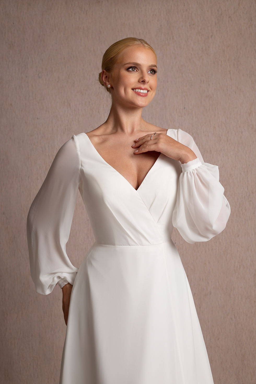 Thumbnail: WS316 - Chiffon A-line Wedding Dress with Long Sheer Sleeves