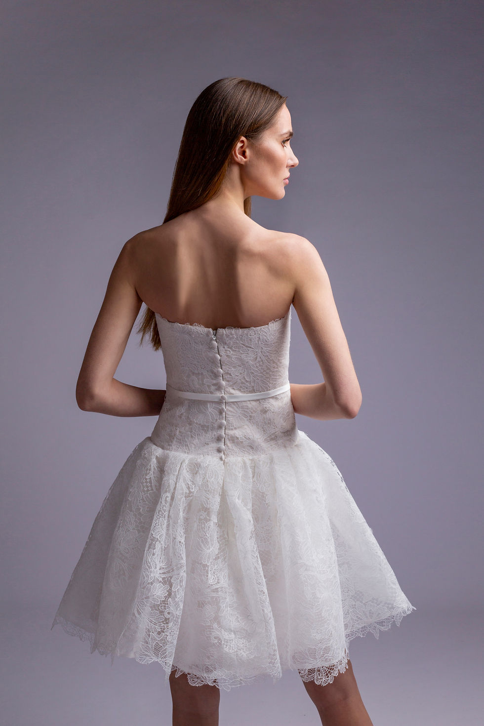 Thumbnail: WSS048-Floral Lace Mini Wedding Dress with Low Waist and A-Line Skirt