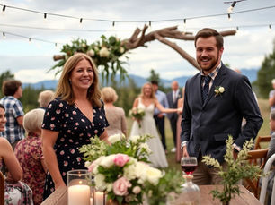 A rustic, affordable outdoor wedding set in a natural setting with wooden decor and string lights. Guests are dressed casually and smiling, enjoying a relaxed and joyful celebration under the open sky.
