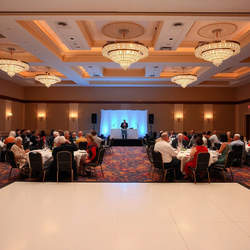 Brightly lit ballroom with a DJ booth far from the dance floor. Elderly guests at tables nearest the DJ are covering their ears, while younger guests sit at tables farther away. Multiple tables separate the DJ booth from the dance floor