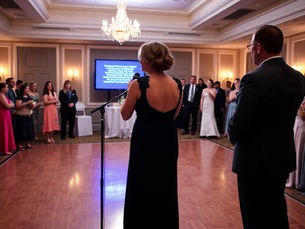 A woman is on stage singing karaoke poorly in front of a lyrics monitor. The dance floor in front of her is completely empty. Guests around the room appear visibly annoyed, with some covering their ears because of the bad singing. The bride and groom stand off to the side, looking upset as the karaoke is taking time away from their special day. The scene is a wedding reception with soft lighting and elegant wedding decorations.