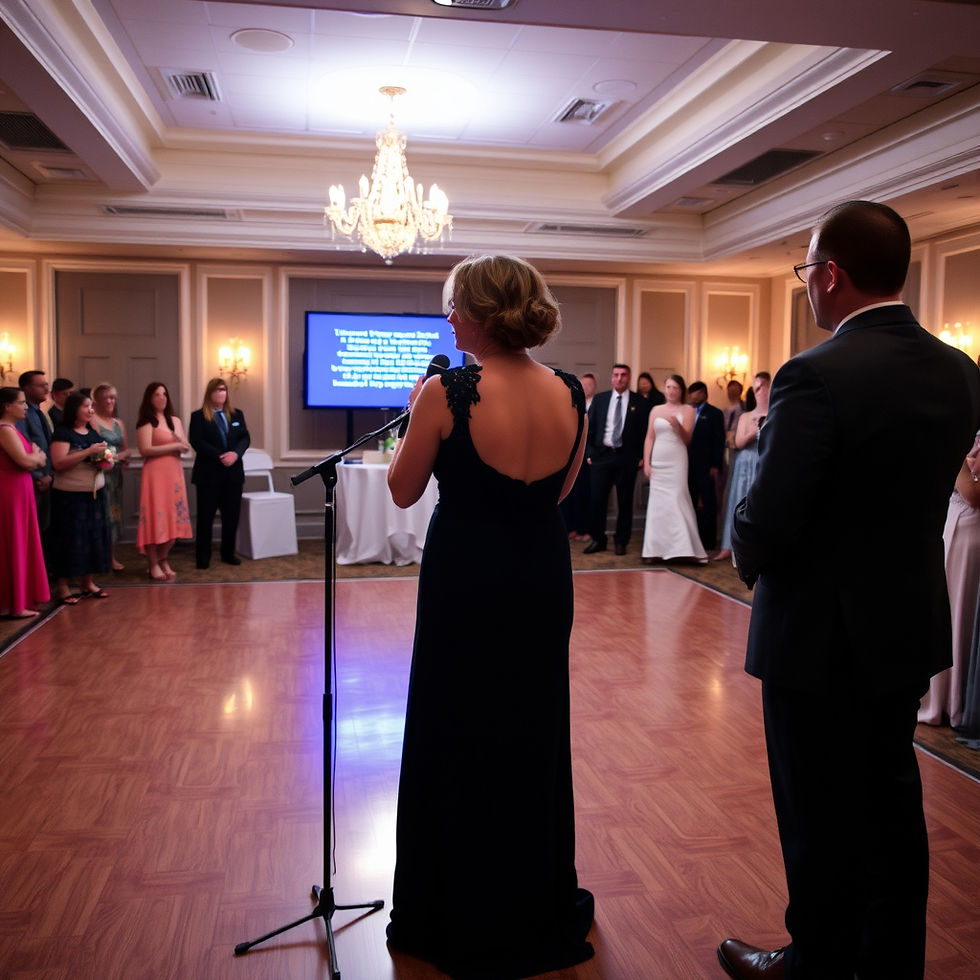 A woman is on stage singing karaoke poorly in front of a lyrics monitor. The dance floor in front of her is completely empty. Guests around the room appear visibly annoyed, with some covering their ears because of the bad singing. The bride and groom stand off to the side, looking upset as the karaoke is taking time away from their special day. The scene is a wedding reception with soft lighting and elegant wedding decorations.