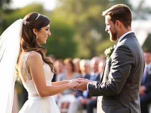 A bride and groom standing side by side exchanging vows during an outdoor wedding ceremony, with soft natural lighting and guests seated in the background.