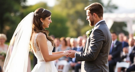 bride and groom standing side by side exchanging vows during an outdoor wedding ceremony, with soft natural lighting and guests seated in the background.
