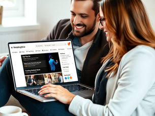 A modern engaged couple sitting at a laptop, browsing wedding vendor platforms like WeddingWire and Bark. The screen shows a list of DJs with star ratings, reviews, and filters. The setting is cozy and stylish, with wedding planning notes and a coffee mug nearby. Bright, inviting lighting with a focus on the screen and couple’s expressions of focus and ease. Style: clean, professional, lifestyle photography.