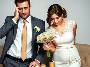 A man and woman dressed formally look at each other while holding money, indicating a significant financial discussion.