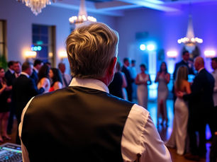 From behind, a Scottsdale wedding DJ with short gray hair commands the dance floor at a chic indoor wedding. Guests move to the music amid glowing uplights and refined event styling.