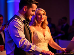 Bride talking with her wedding DJ at the reception, both dressed formally and smiling while discussing music plans.