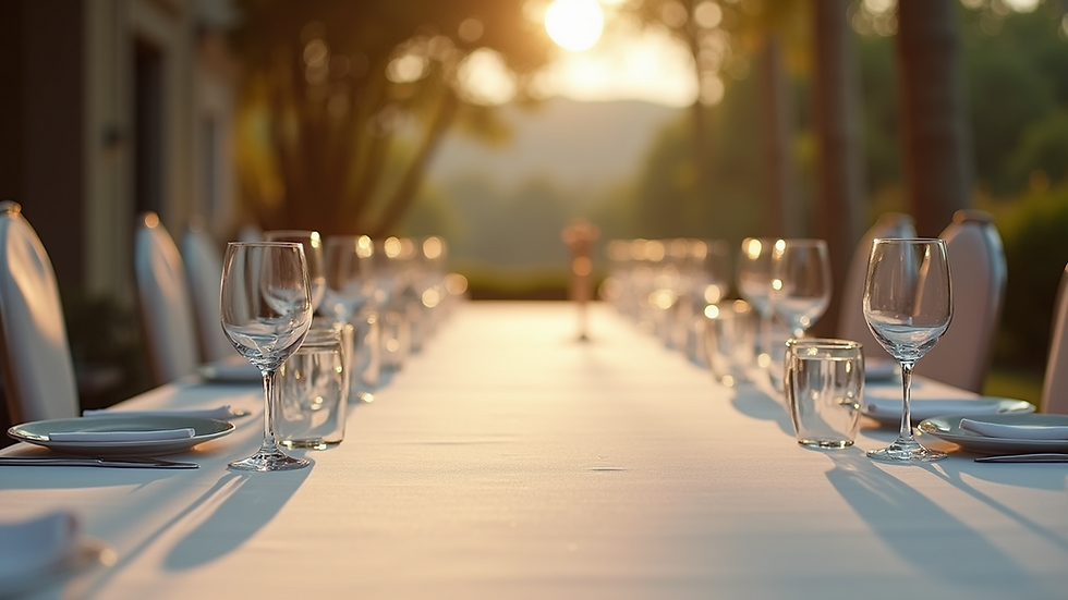 Close-up view of an empty wedding banquet table before guests arrive