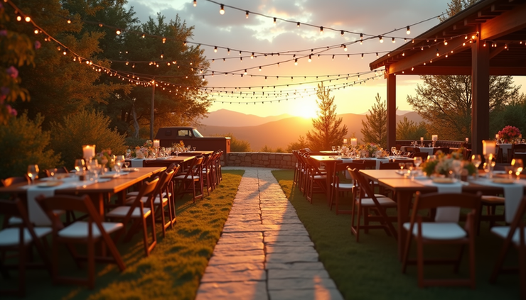 Eye-level view of a cozy outdoor wedding venue with string lights and simple decorations