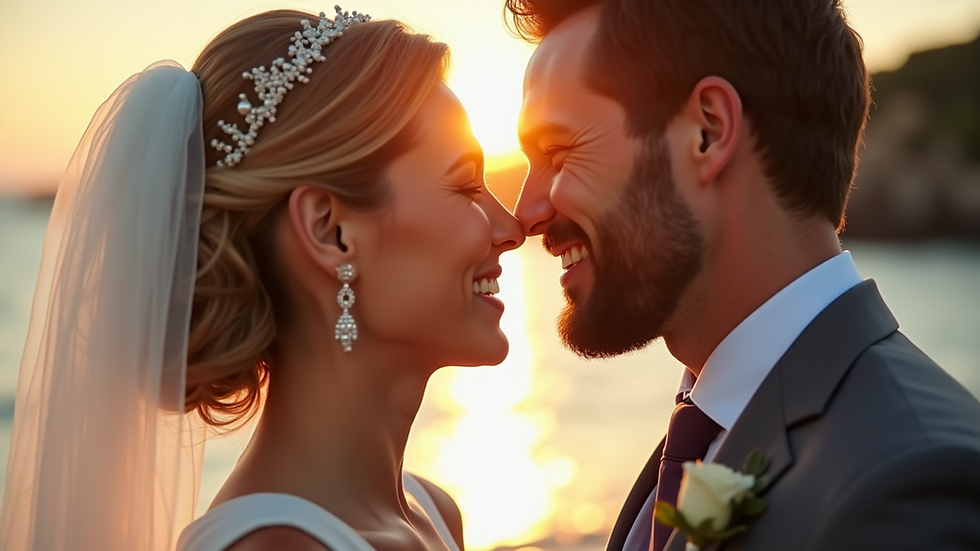 Close-up view of a wedding couple sharing a joyous moment
