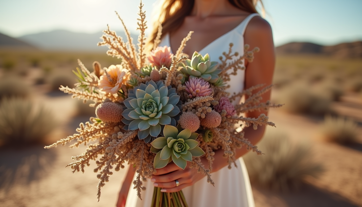 Close-up view of a wedding bouquet with desert flowers and succulents