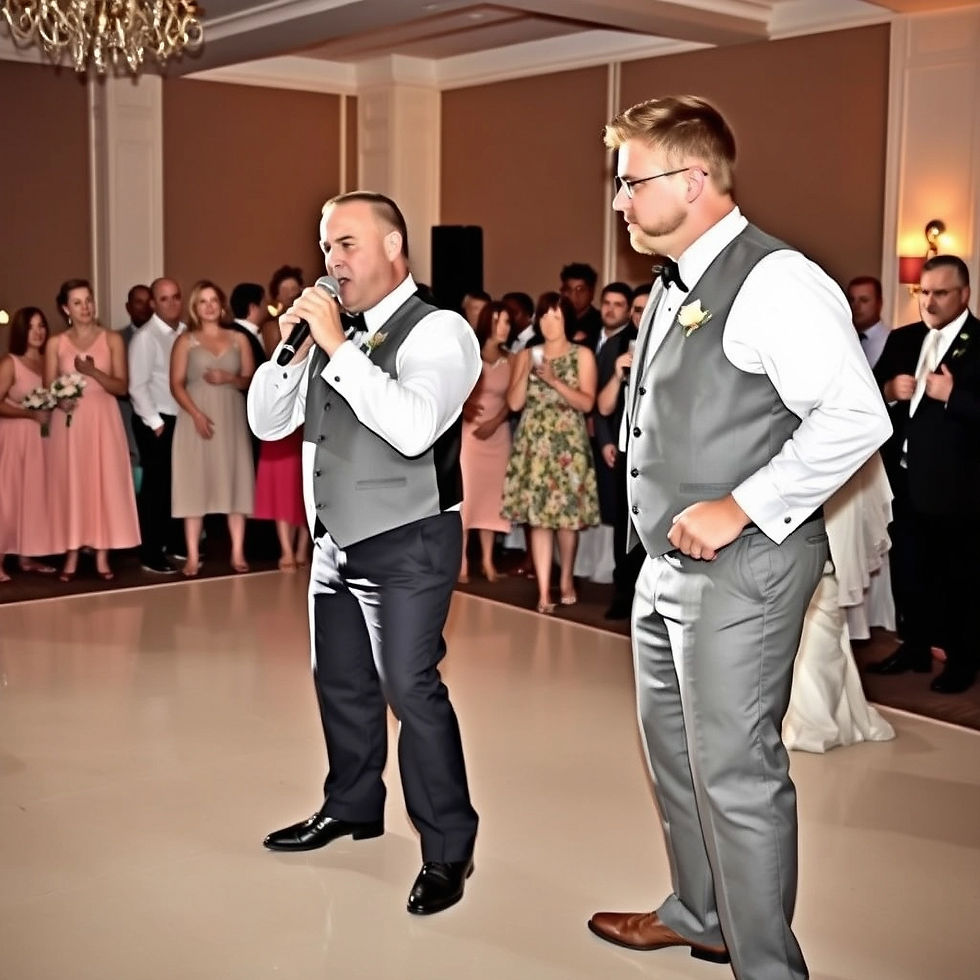 two guys on stage singing karaoke poorly, with visible signs of bad singing. The dance floor is completely empty. Guests around the room look visibly bored and uncomfortable; some are covering their ears due to the bad singing. The bride and groom stand off to the side, looking upset and disappointed because the karaoke is taking time away from their special day. The setting is a wedding reception with soft lighting and wedding decor.