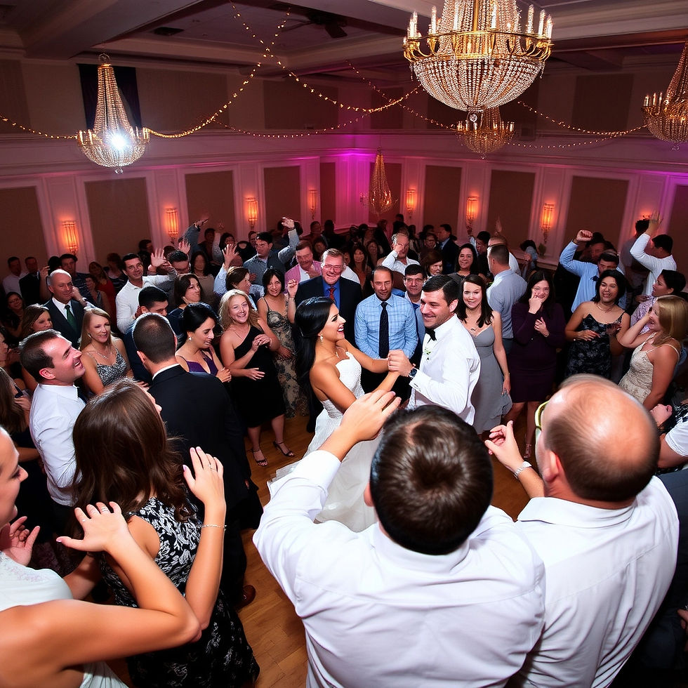 Wide angle view of an energetic dance floor filled with people dancing