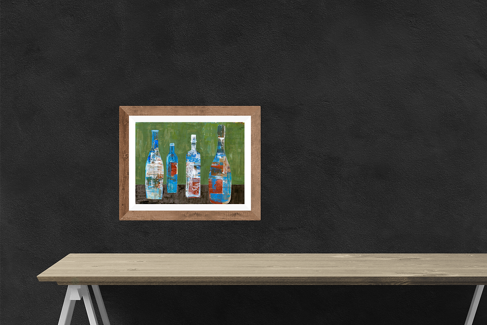 Thumbnail: 4 BOTTLES ON GREEN BACKGROUND - a print of an original painting