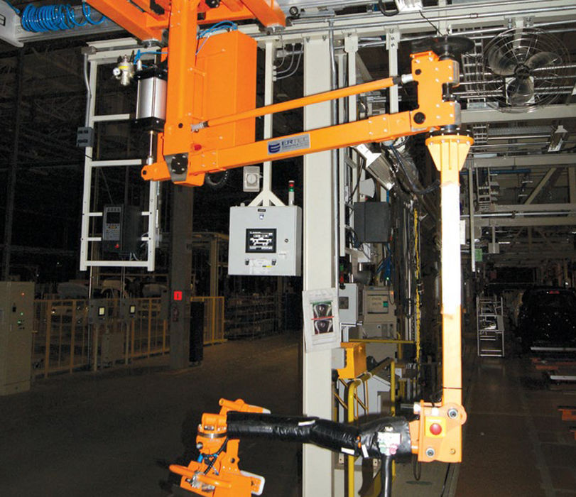 Manipulador pneumático projetado para movimentação e pré-montagem de bancos diretamente no interno do veiculo ou em áreas de logística