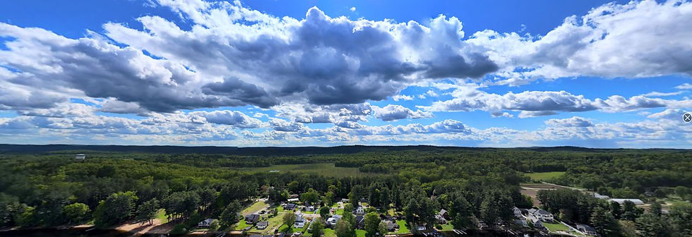 Aerial view: lakefront homes under a vibrant summer sky