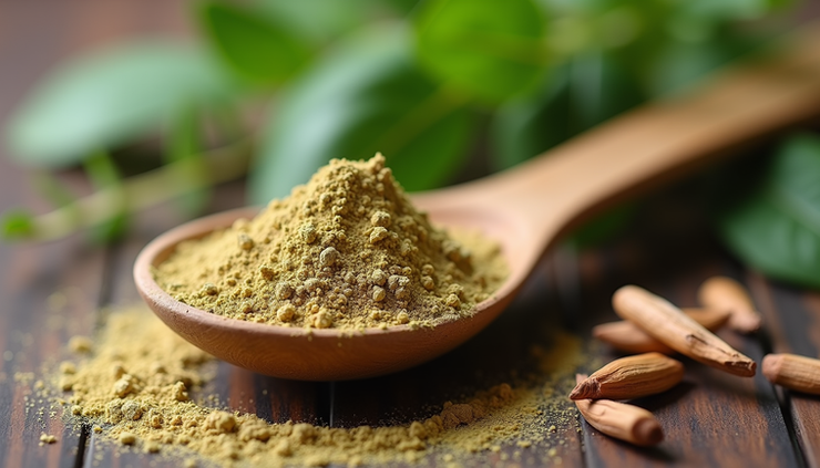 Close-up view of a spoonful of herbal powder with natural ingredients in the background