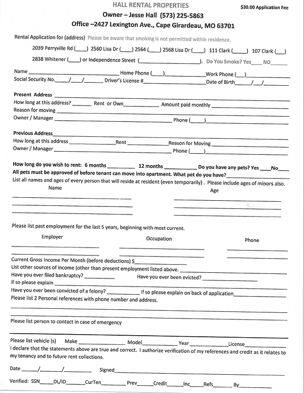 RENTAL APPLICATION Hall Rental Property