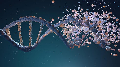 An illustration of a strand of DNA assembling from thousands of individual elements