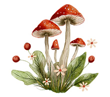 Watercolor illustration of red-capped mushrooms with green leaves and flowers, used in nature-themed visuals for Treehole Tal