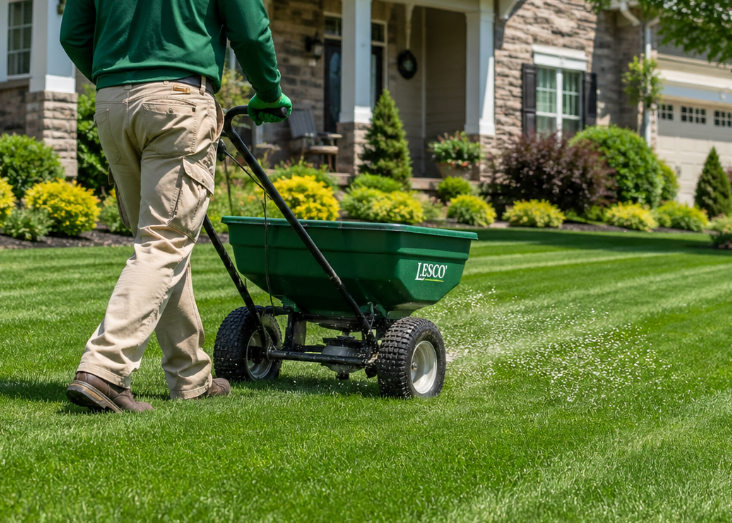 Man doing Fertilization on lawn.