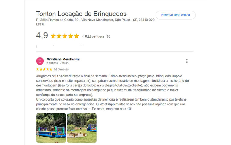 Avaliações feitas a empresa Tonton Locação de Brinquedos na Cidade de São Paulo no Google Meu Negócio