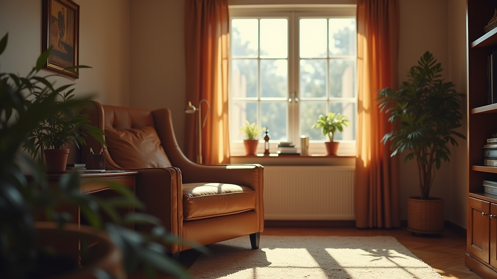 Eye-level view of a cozy living room with a comfortable armchair and a warm atmosphere