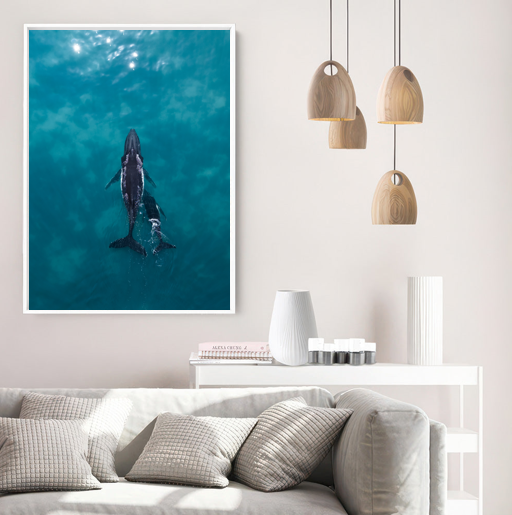 Whale and baby swimming in the ocean, displayed as art. Smittys Smicko Phot