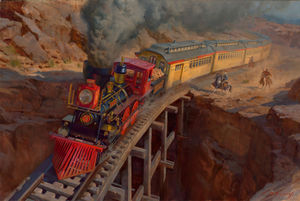 Western oil painting by Mathieu Nozières featuring a dramatic train heist. A steam locomotive speeds across a wooden trestle bridge as armed horsemen pursue through the desert, dust swirling under a vast sky.