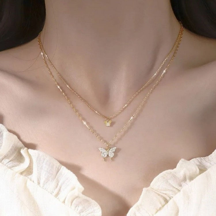 Kelebek Tasarım Altın Kaplama Çift Katlı Kolye