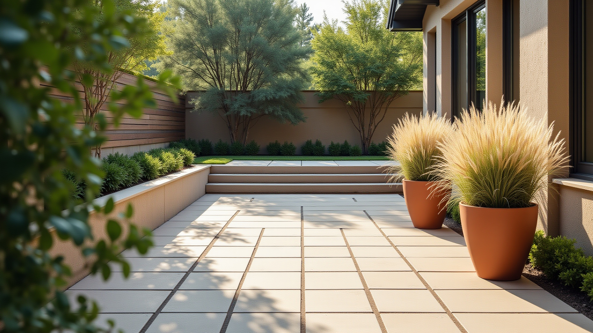 Landscaped backyard patio with stone tiling, stairs, and plants