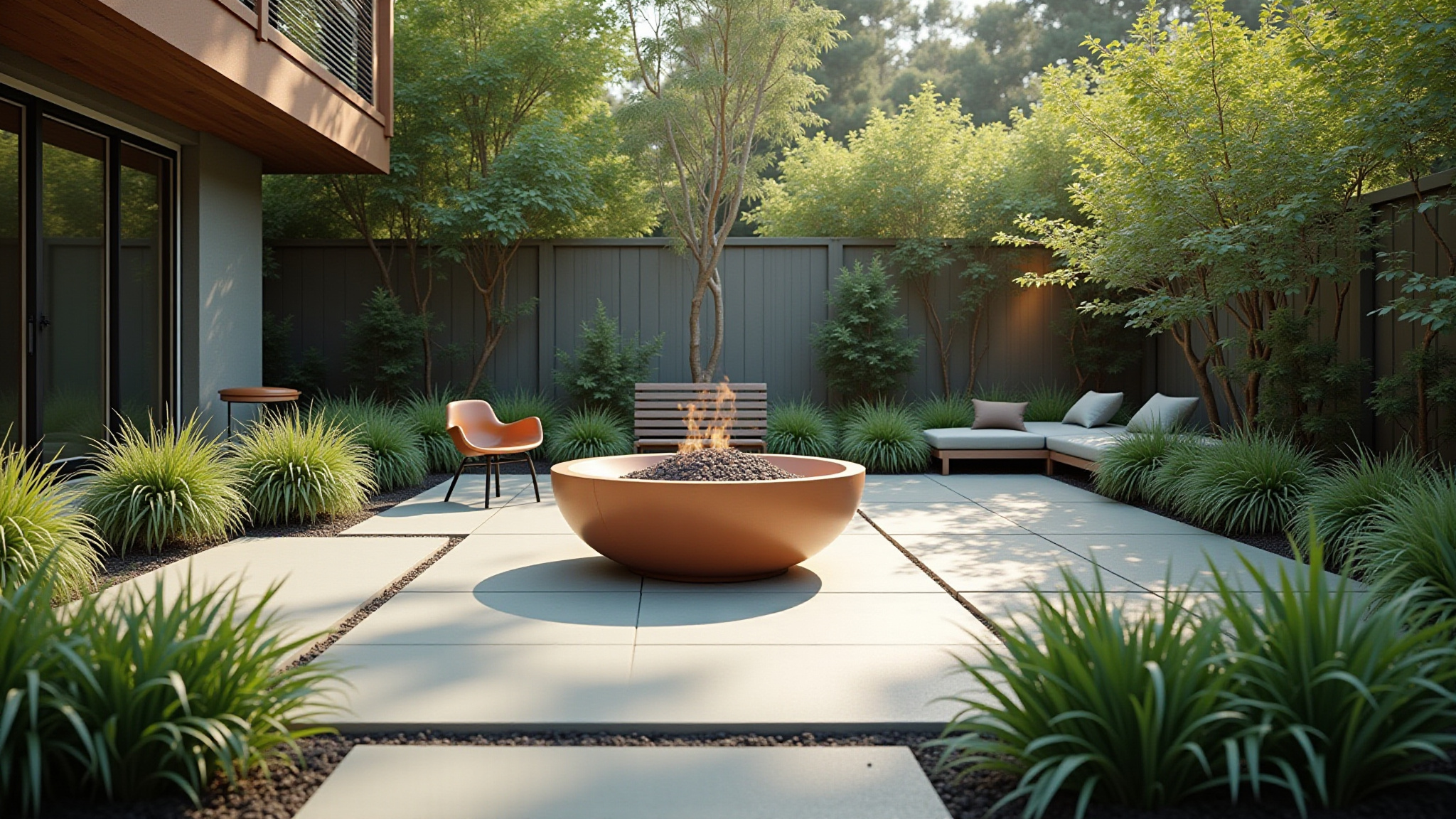 concrete paver patio modern courtyard with firepit and chairs