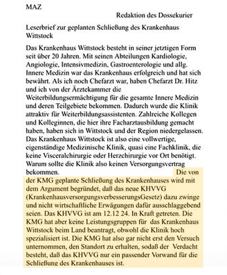 Ehemaliger Chefarzt des Krankenhauses in Wittstock bestätigt meine Einschätzung zu den wahren Gründen für die drohende Schließung.