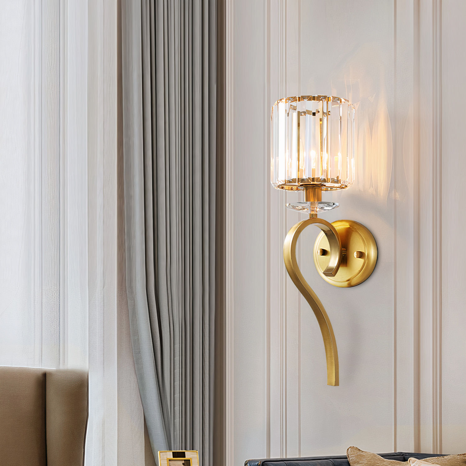 Living room view the classic crystal wall light in gold from Elumin.