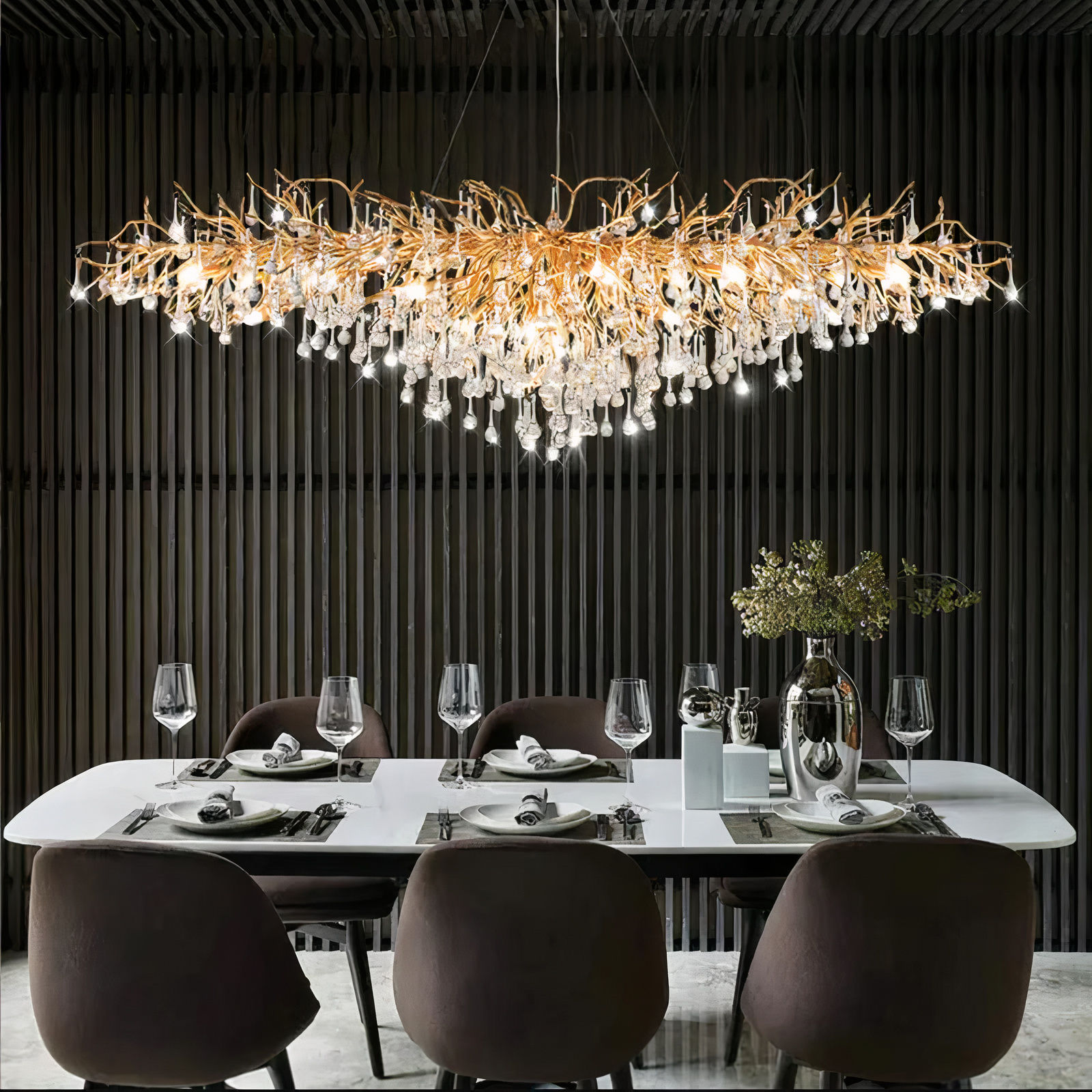 Dining Room view the ultra modern Crystal Chandelier styled with crystal leaves and raindrops by Elumin