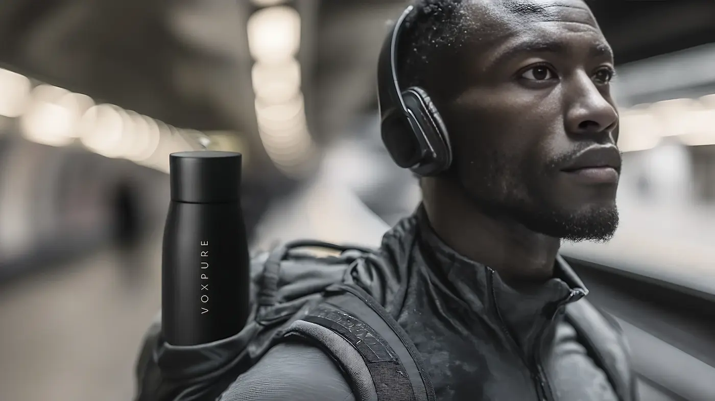 Man in London, commuting with a Voxpure smart UVC water bottle in his backpack,