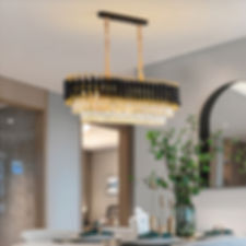Dining room view the classic rectangular Crystal Ceiling Lights black and gold Edition by Elumin