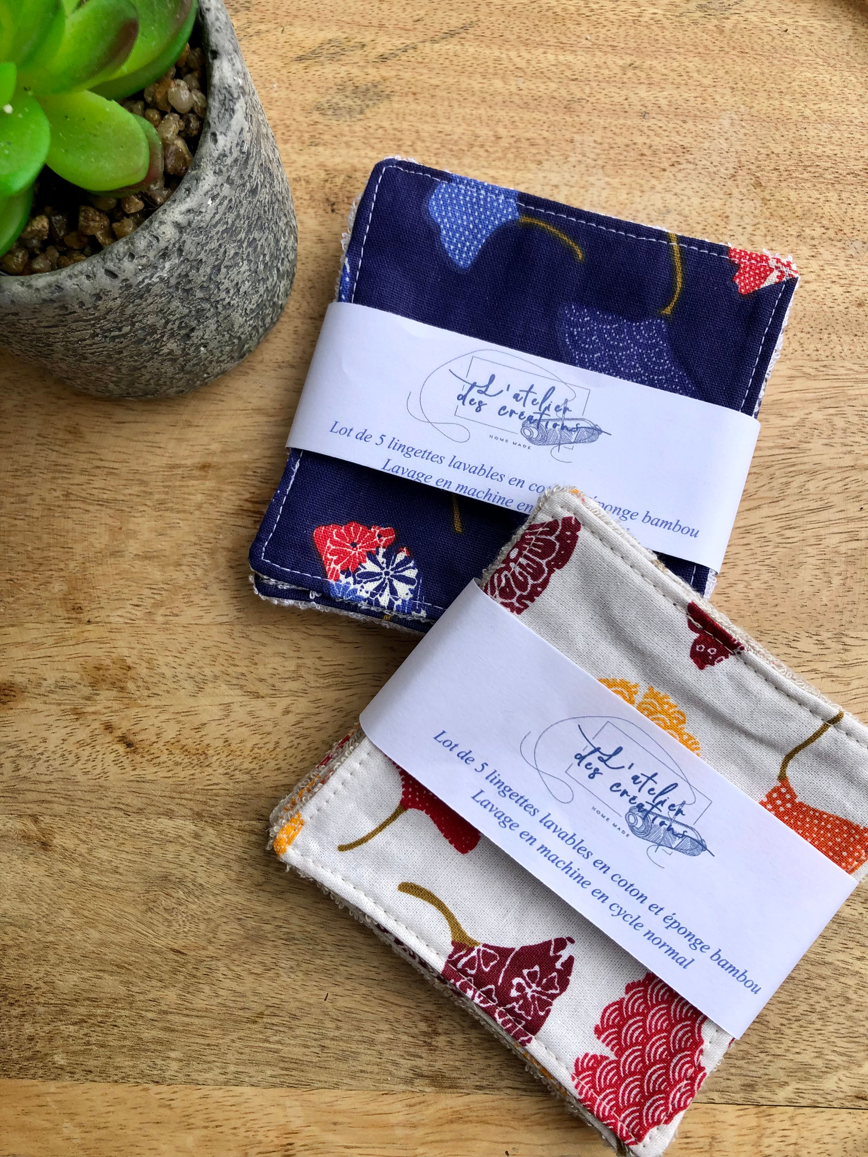 Lingettes en coton et éponge bambou motifs fleurs de ginkgo