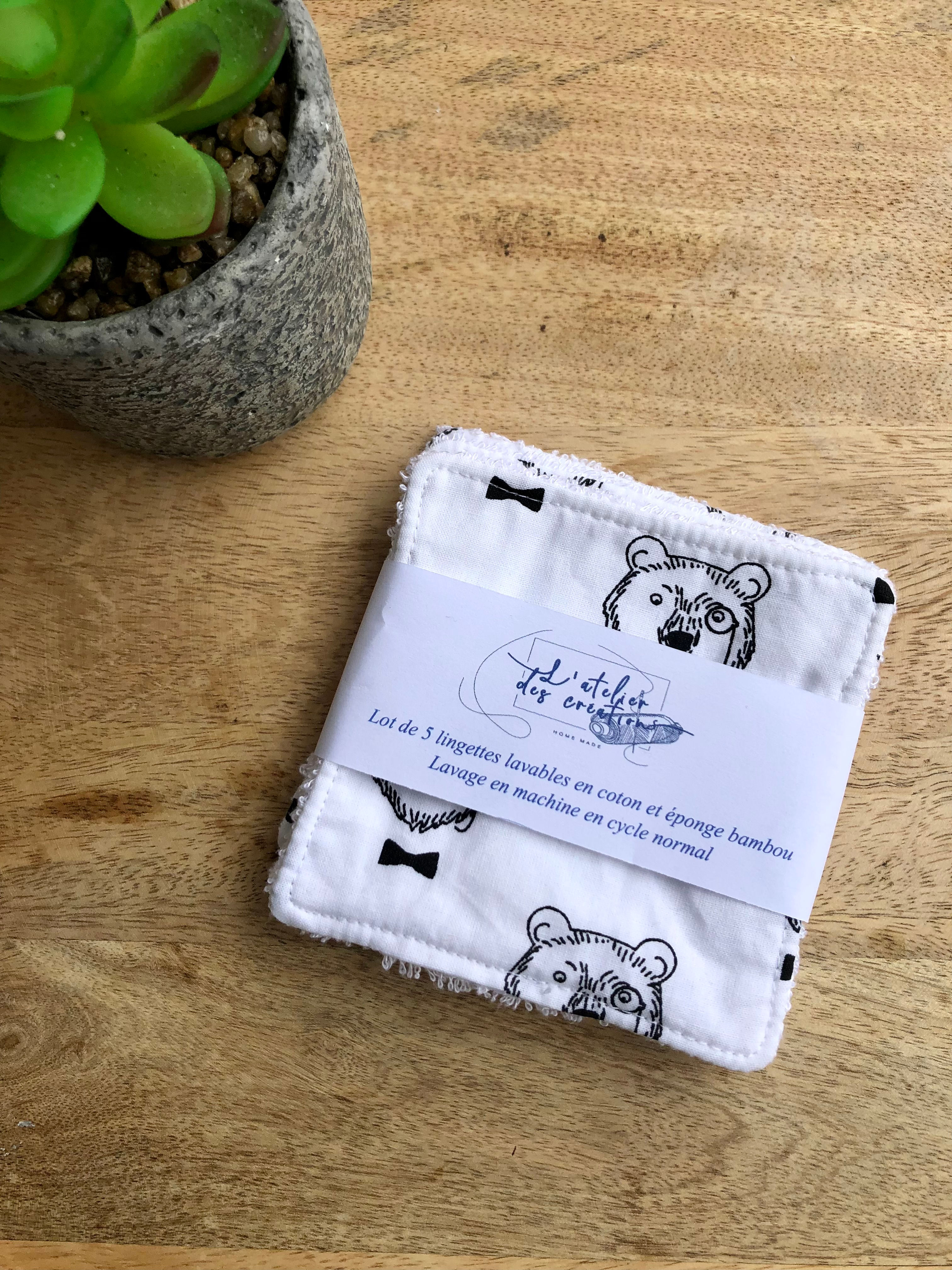 Lingettes en coton et éponge bambou motifs ours
