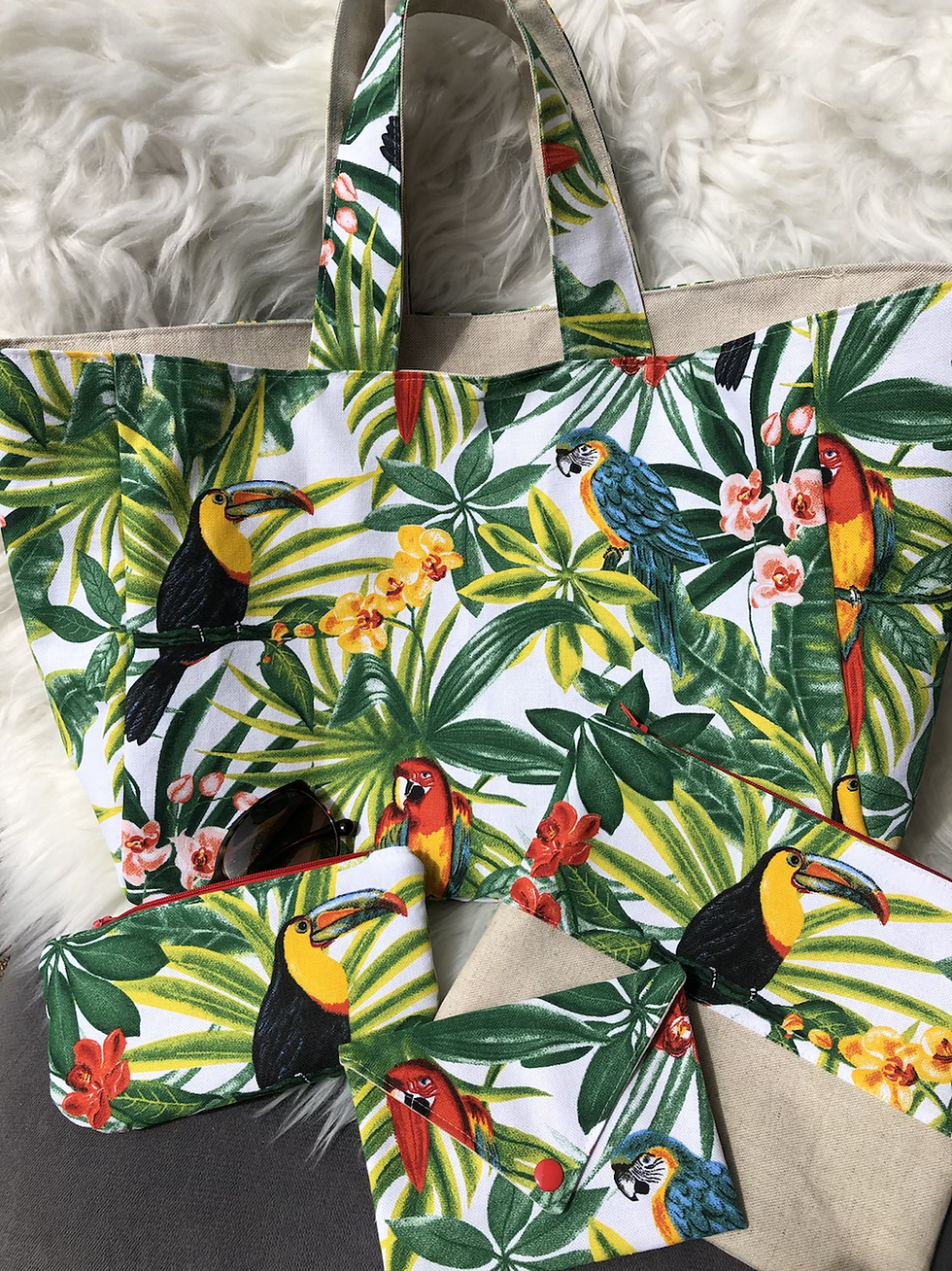 Miniature : Cabas en toile de coton motifs oiseaux multicolores 