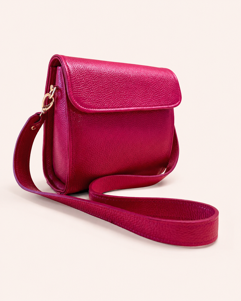 Fuchsia roze leren crossbody tas met schouderband