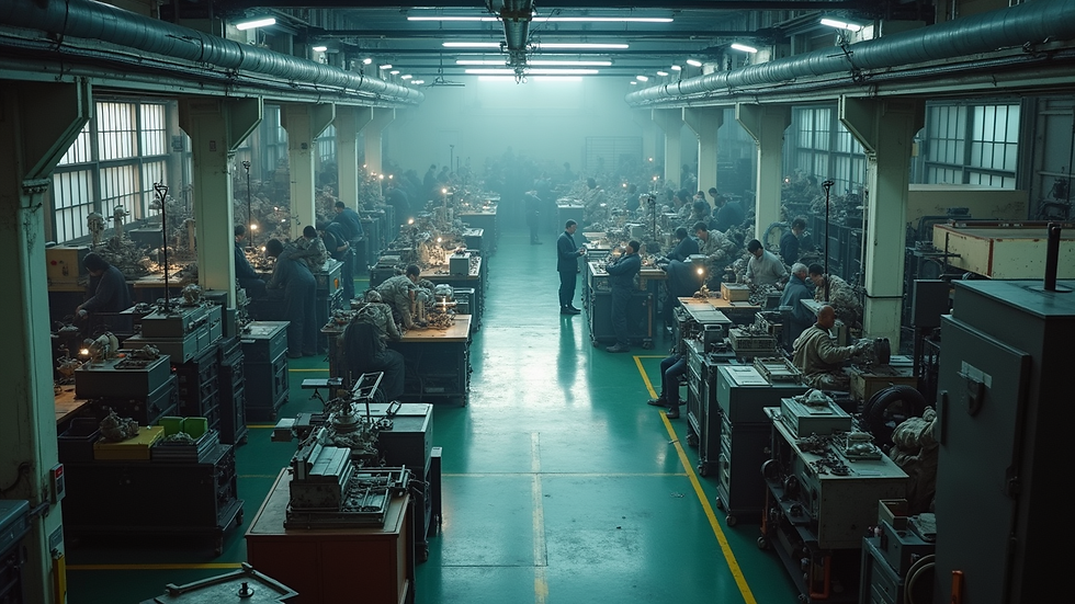 High angle view of a small manufacturing plant with workers and machinery