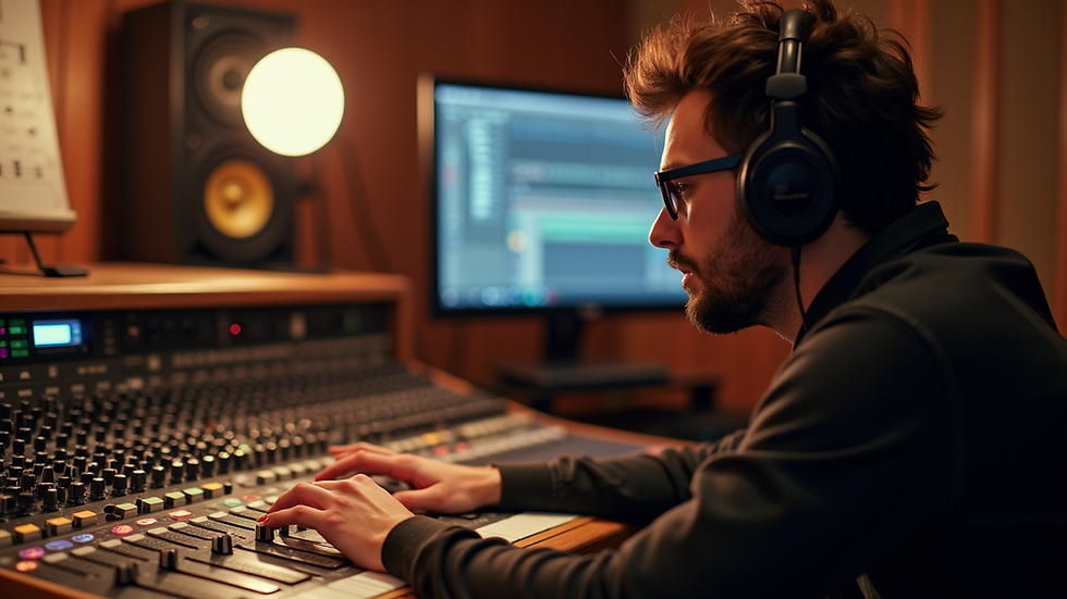 Close-up view of a music producer working in a recording studio