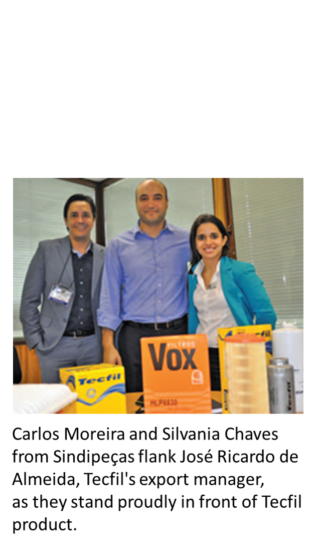 Carlos Moreira and Silvania Chaves from Sindipeças flank José Ricardo de Almeida, Tecfil's export manager, as they stand proudly in front of Tecfil product.