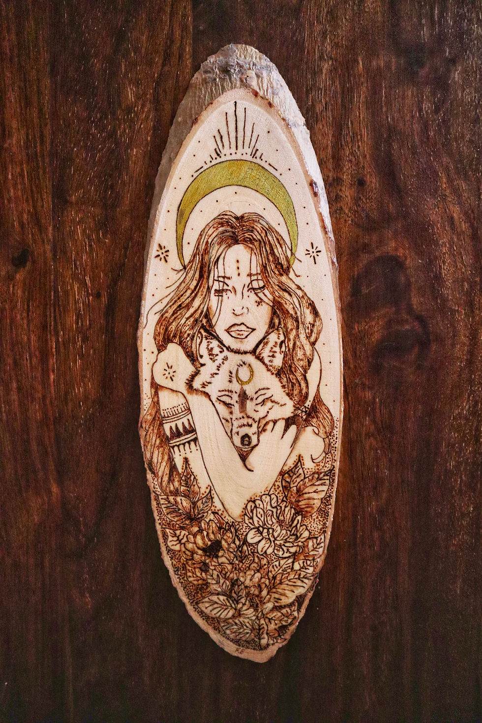 Pyrography wood burning, wolf, mystical, witch, moon, gold acrylic, wood burned art handmade, wood, artisan goth, fantasy.